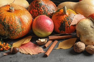 Composition with different pumpkins on gray table. Autumn holidays