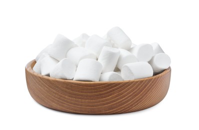Photo of Delicious puffy marshmallows in wooden bowl on white background