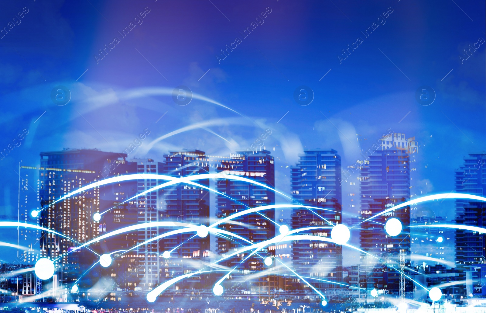 Image of Beautiful cityscape and network connection lines 