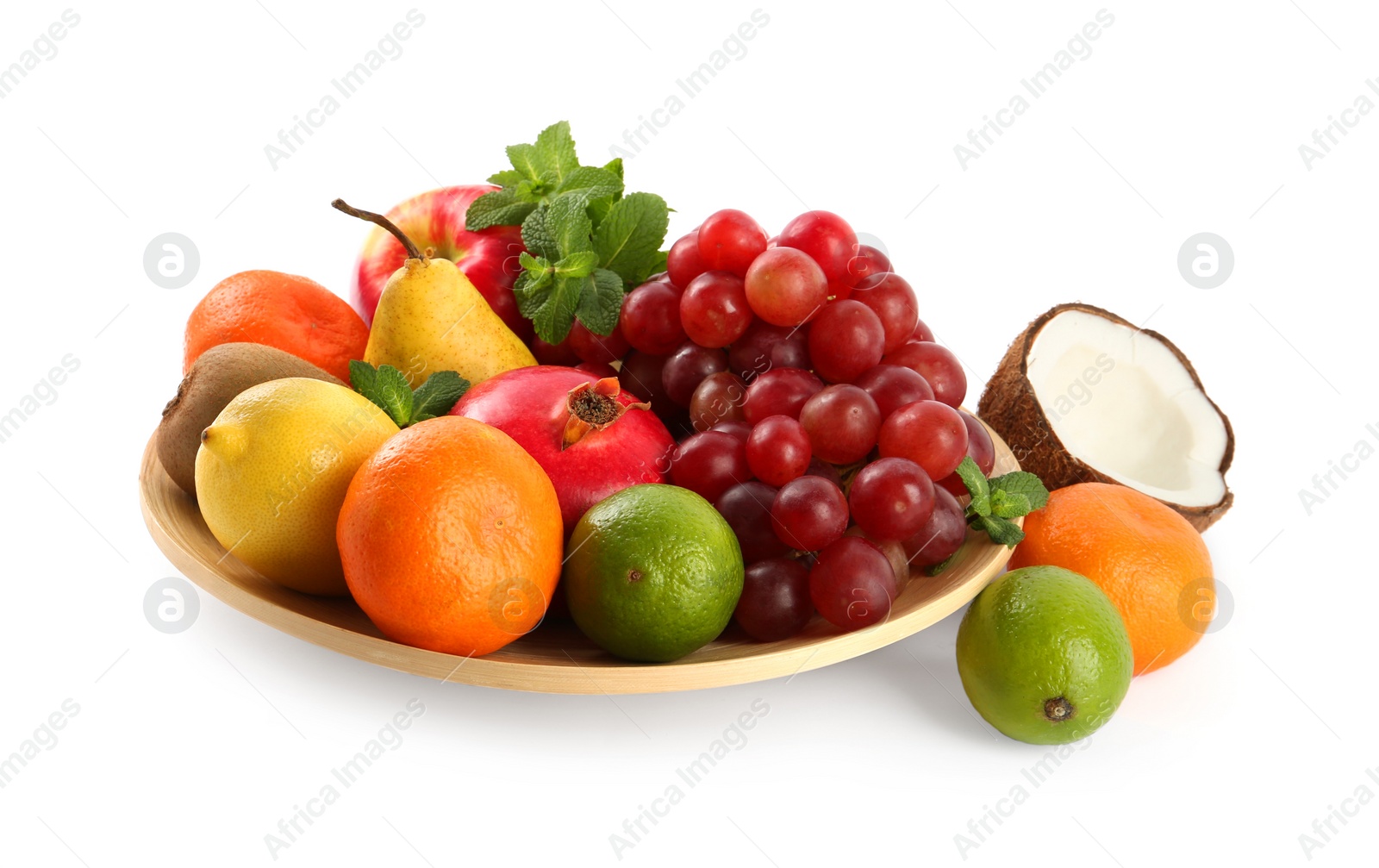 Photo of Wooden plate and different ripe fruits on white background