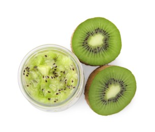 Photo of Delicious dessert with kiwi and fresh cut fruits on white background, top view