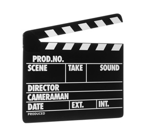 Photo of Clapper board isolated on white. Cinema production