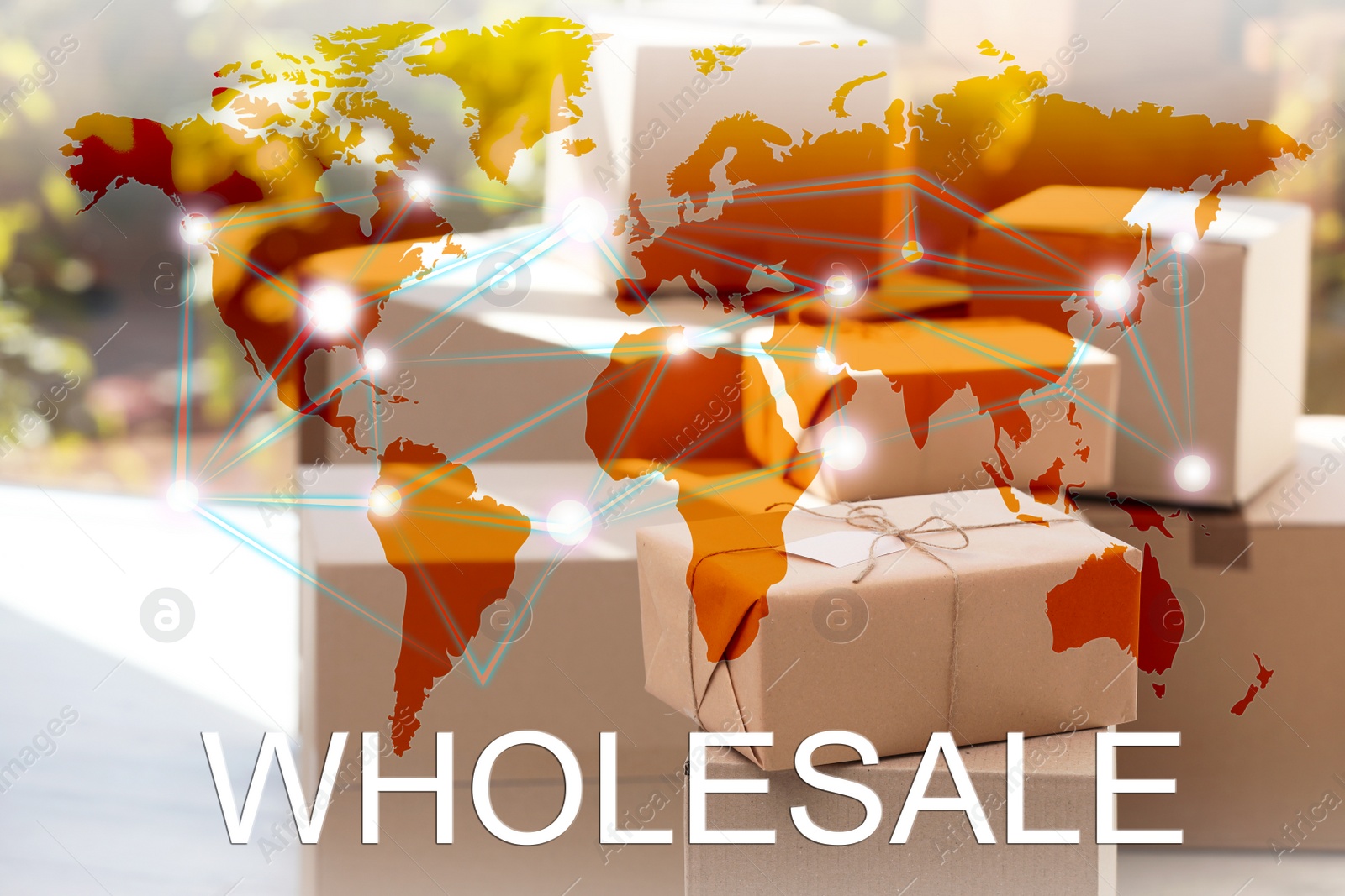 Image of Wholesale business. World map and blurred parcel boxes on background