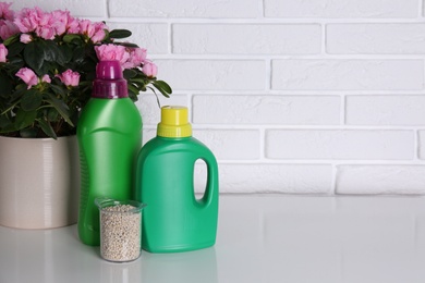 Beautiful house plant and different fertilizers on table against white brick wall. Space for text