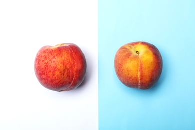 Flat lay composition with ripe peaches on color background