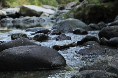 Photo of Beautiful view of small stream and stones outdoors, closeup