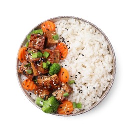 Bowl of rice with fried tofu, broccoli and carrots isolated on white, top view
