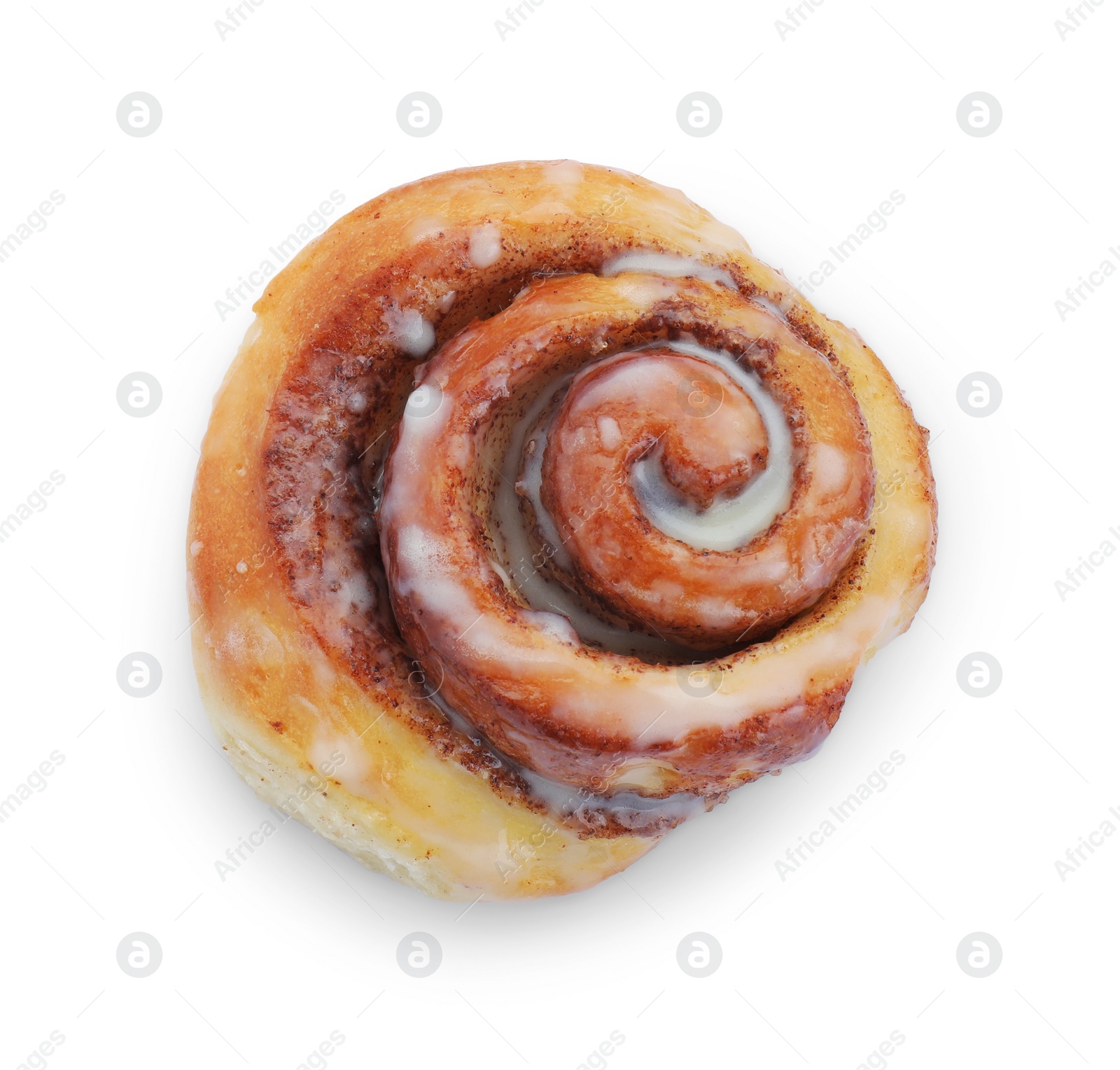 Photo of One tasty cinnamon roll isolated on white, top view