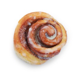 Photo of One tasty cinnamon roll isolated on white, top view