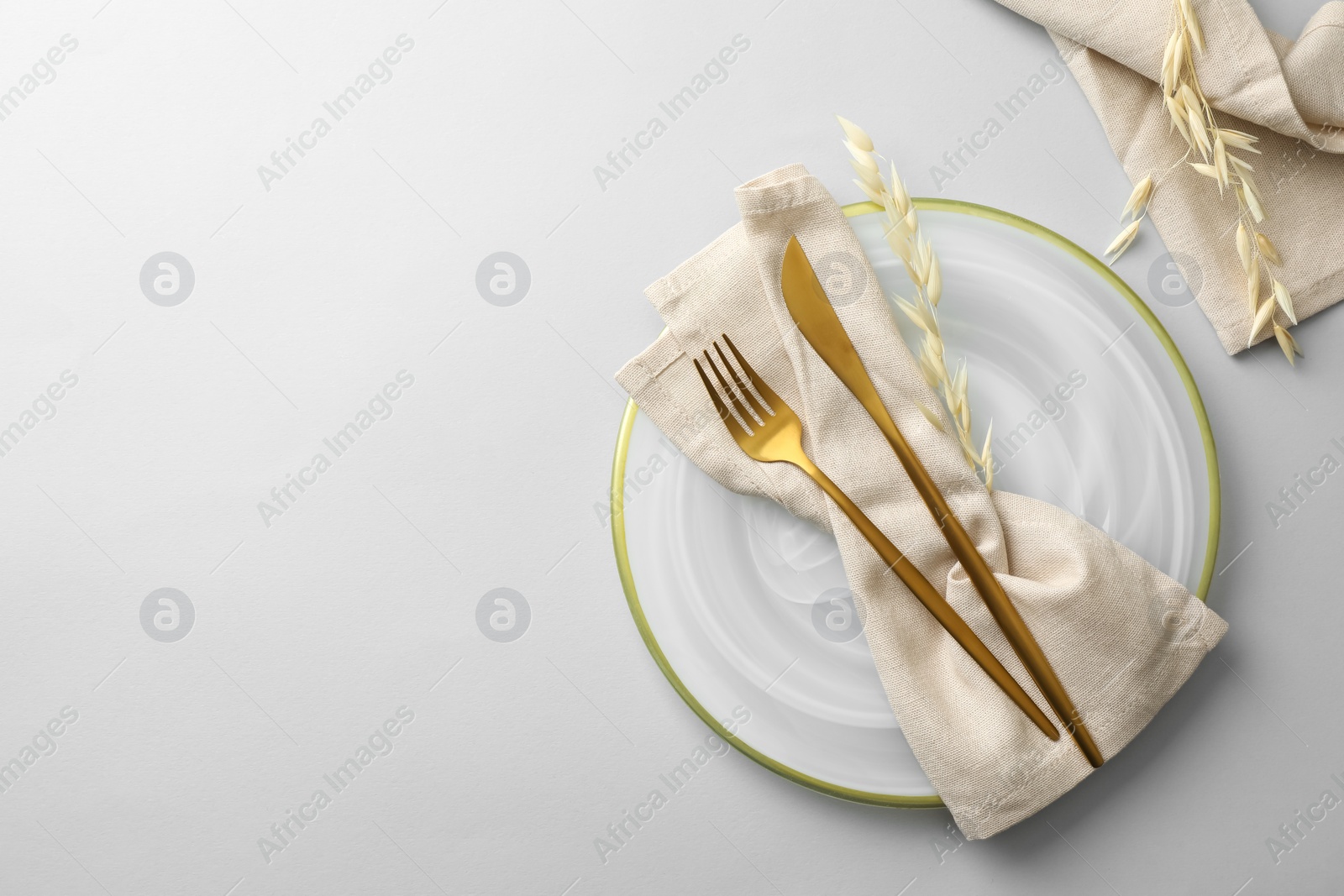 Photo of Stylish setting with cutlery, napkin, dry branch and plate on light grey table, top view. Space for text