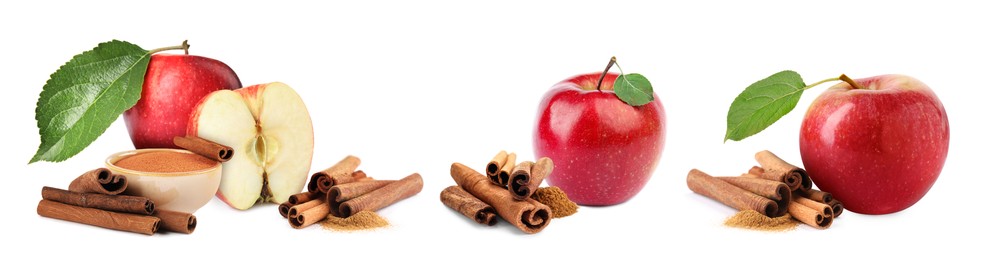 Aromatic cinnamon sticks, powder and red apples isolated on white, set