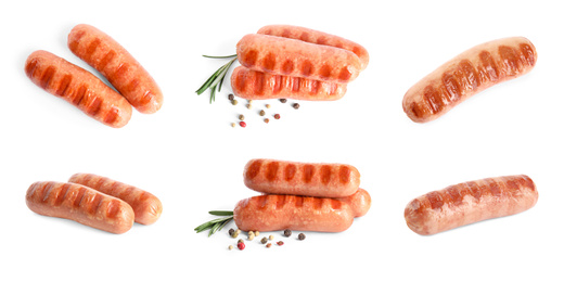 Set of delicious grilled sausages on white background