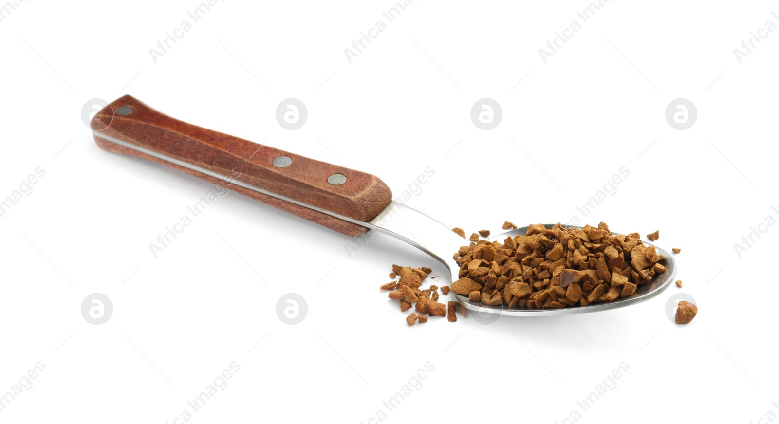 Photo of Spoon with aromatic instant coffee isolated on white