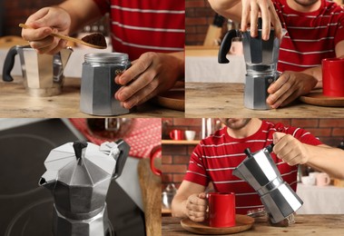 Image of Making coffee with moka pot step-by-step. Collage with photos