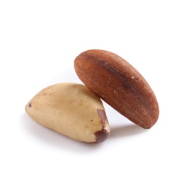 Photo of Delicious Brazil nuts on white background. Healthy snack