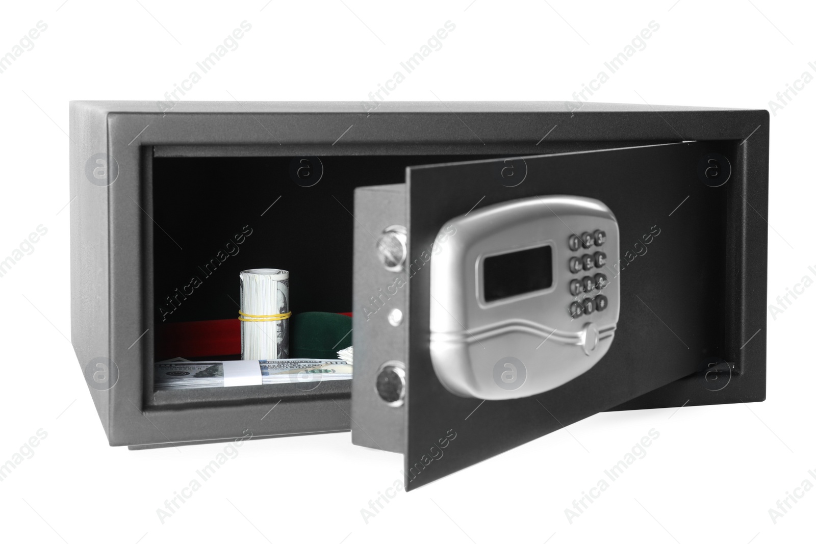 Photo of Open steel safe with money and jewelry isolated on white