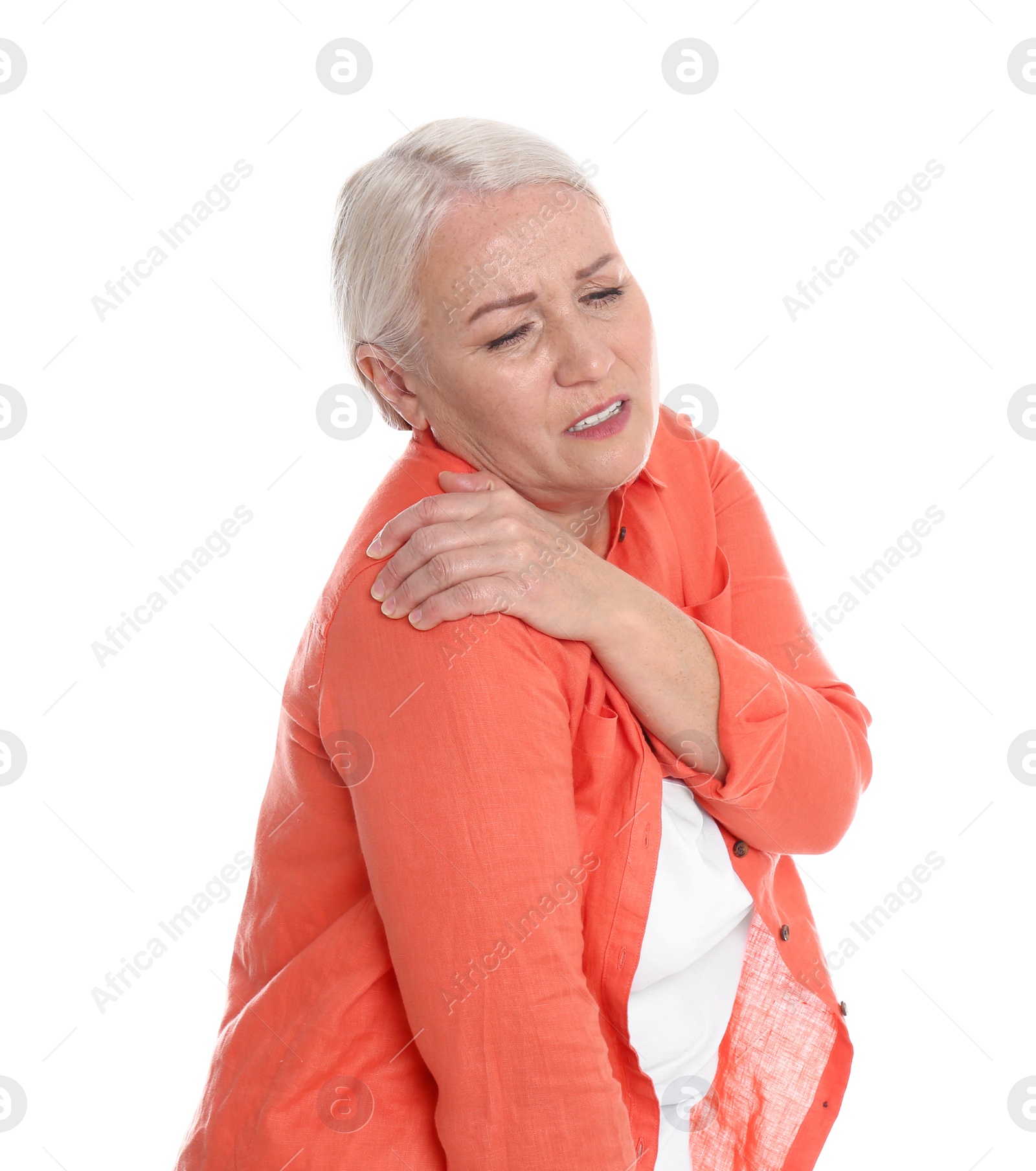 Photo of Woman suffering from shoulder pain on white background