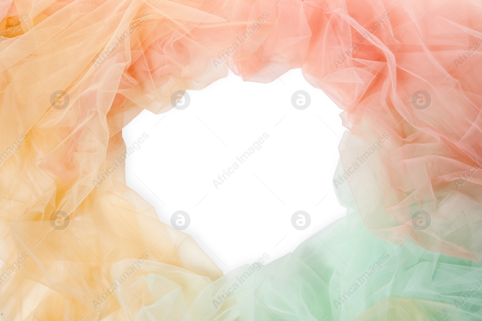 Photo of Frame made of colorful tulle fabrics on white background. Space for text