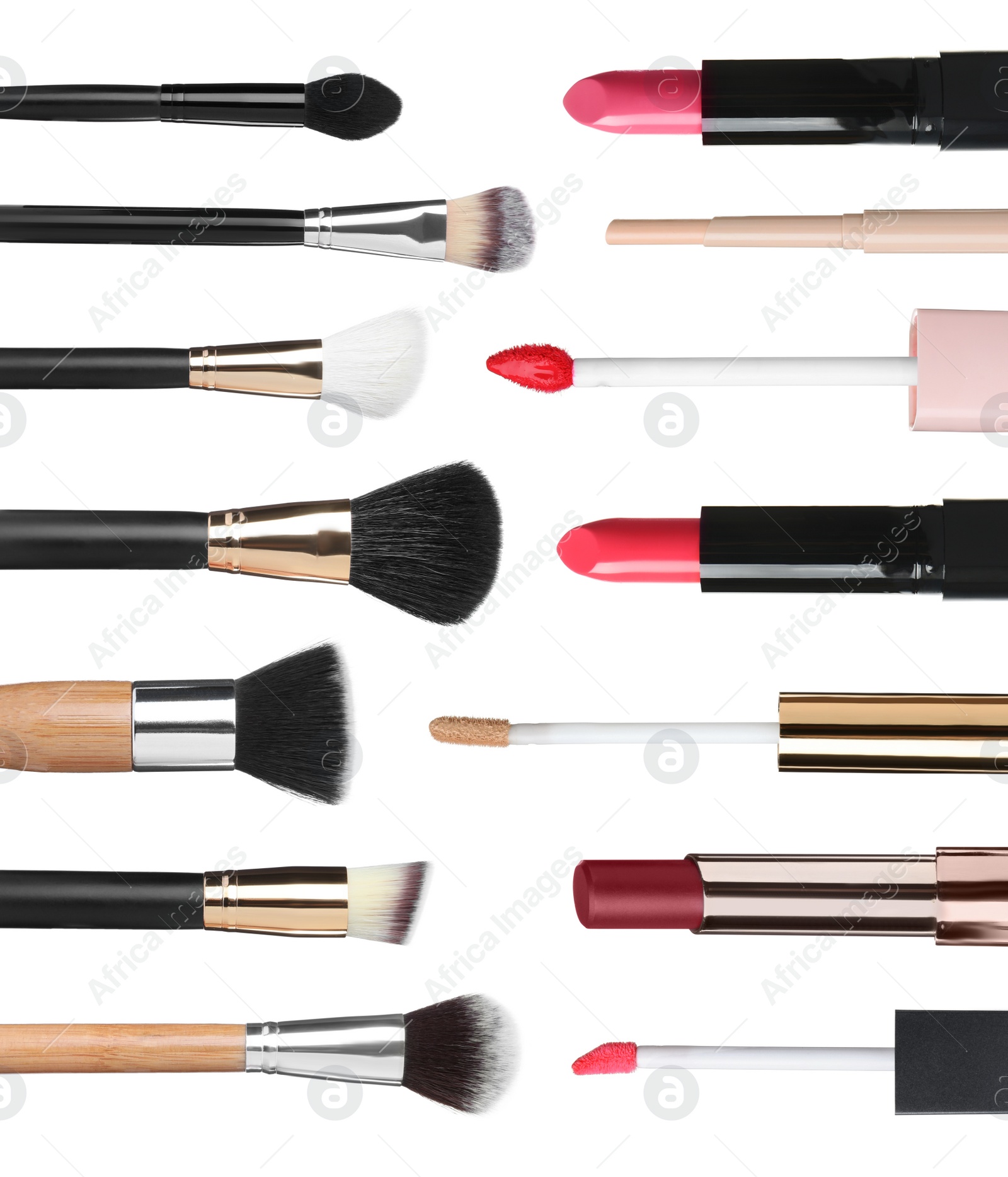 Image of Set with different decorative cosmetics and brushes on white background 
