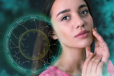 Beautiful young woman and illustration of zodiac wheel with astrological signs on dark background