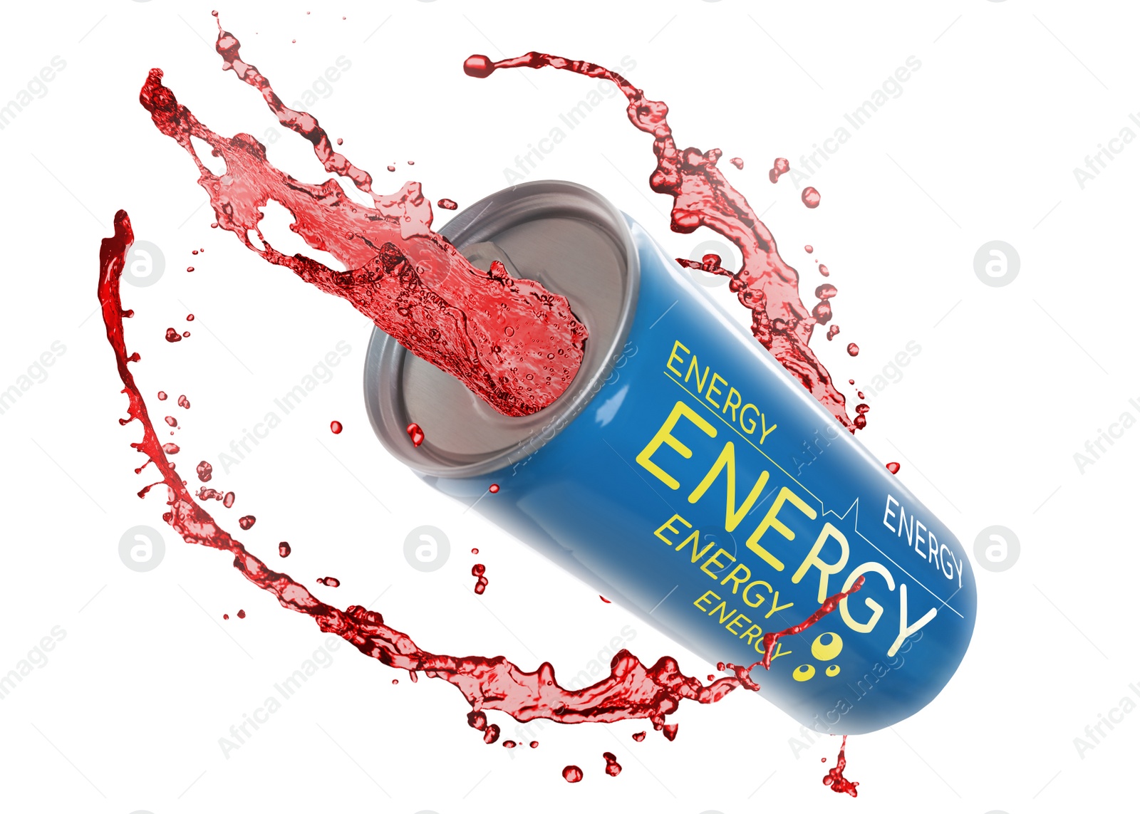 Image of Can of energy drink with splashes on white background