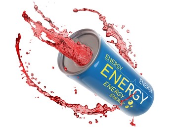 Can of energy drink with splashes on white background