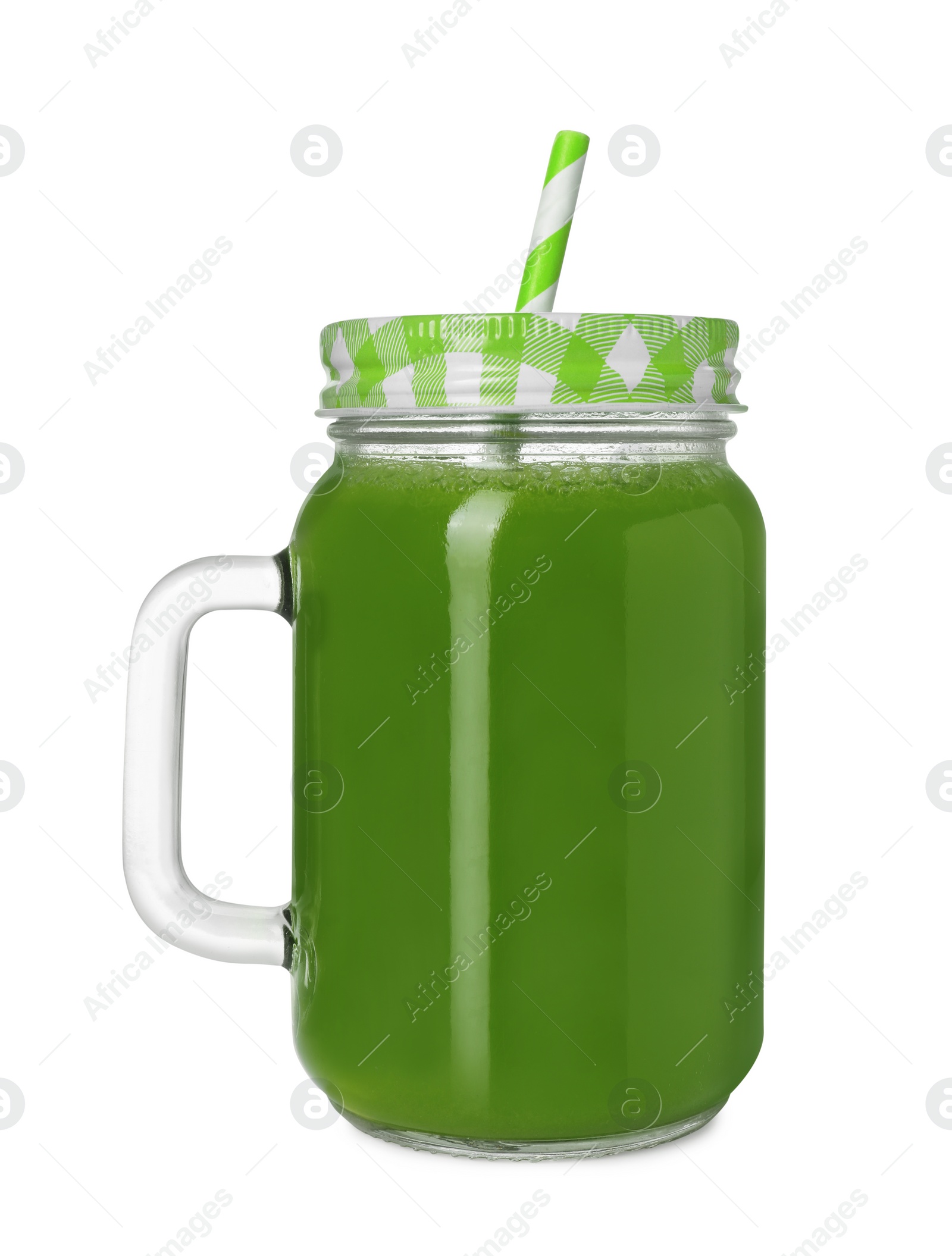 Photo of Fresh celery juice in mason jar on white background