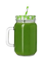 Photo of Fresh celery juice in mason jar on white background