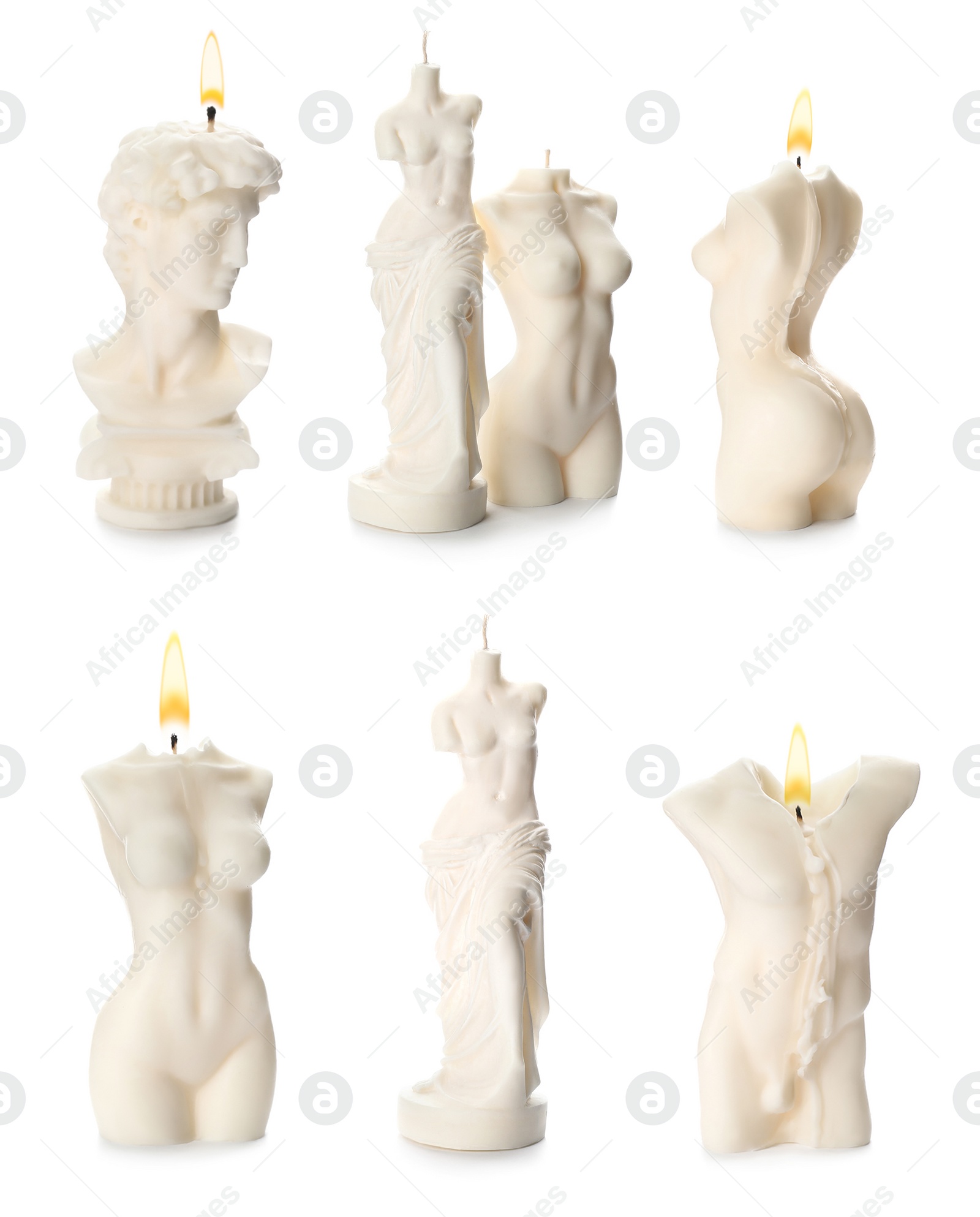 Image of Collection of beautiful sculptural candles on white background 