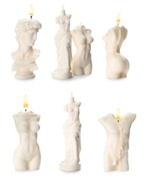 Collection of beautiful sculptural candles on white background 