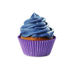 Photo of Delicious birthday cupcake decorated with dark blue cream isolated on white