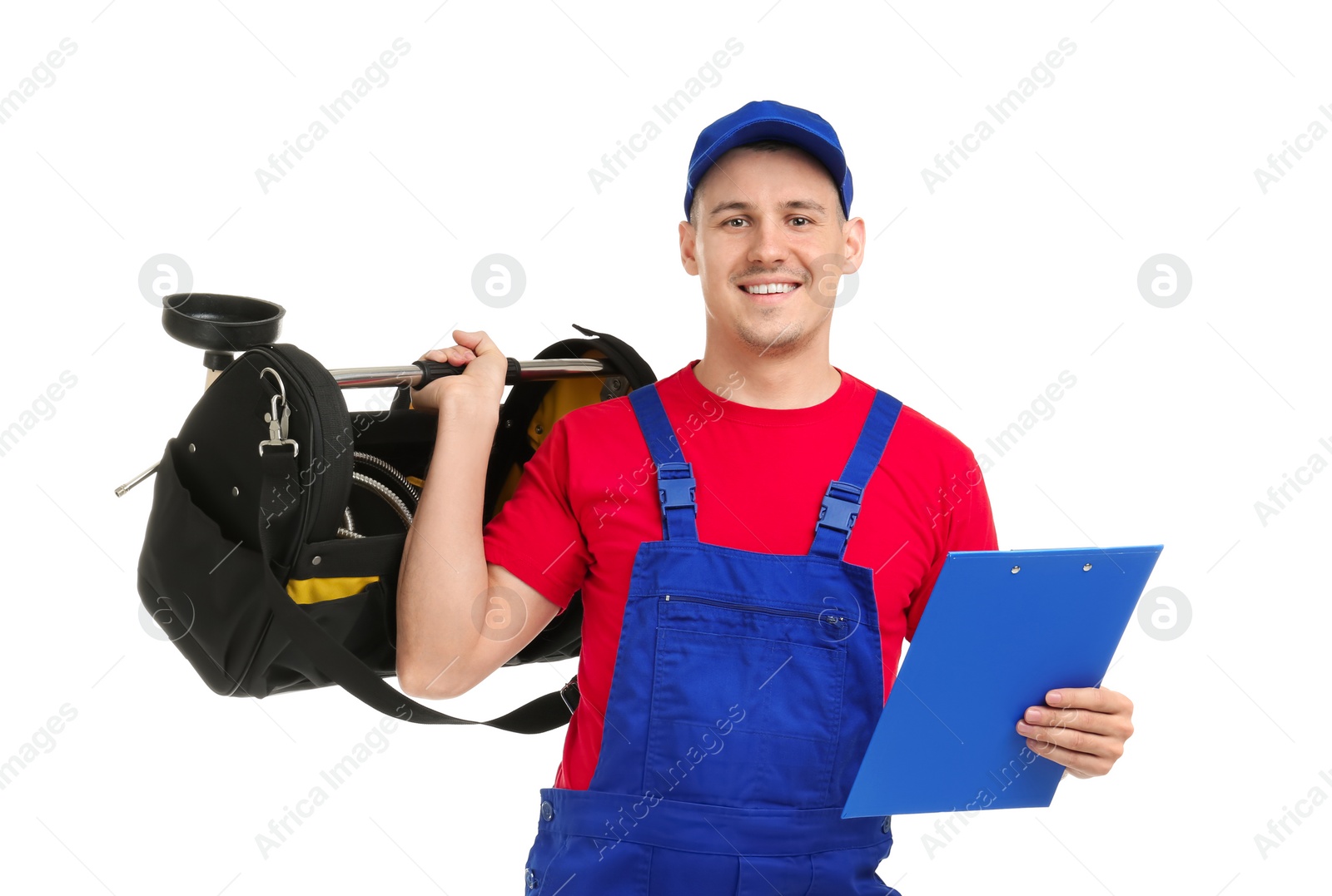 Photo of Young plumber with tool bag and clipboard on white background