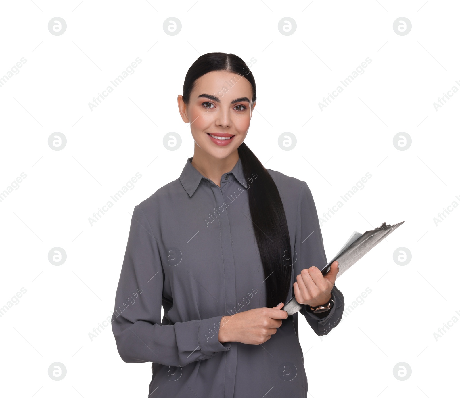 Photo of Portrait of smiling woman with clipboard on white background. Lawyer, businesswoman, accountant or manager