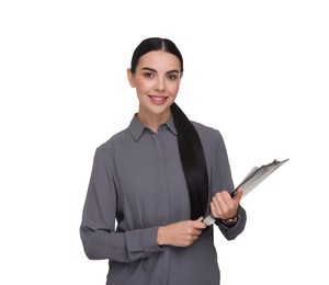 Photo of Portrait of smiling woman with clipboard on white background. Lawyer, businesswoman, accountant or manager