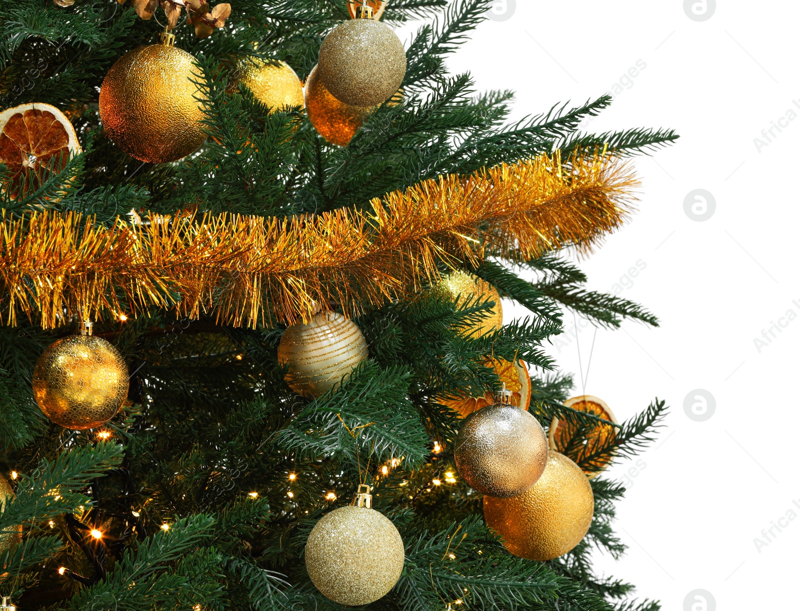 Photo of Beautiful Christmas tree decorated with ornaments isolated on white