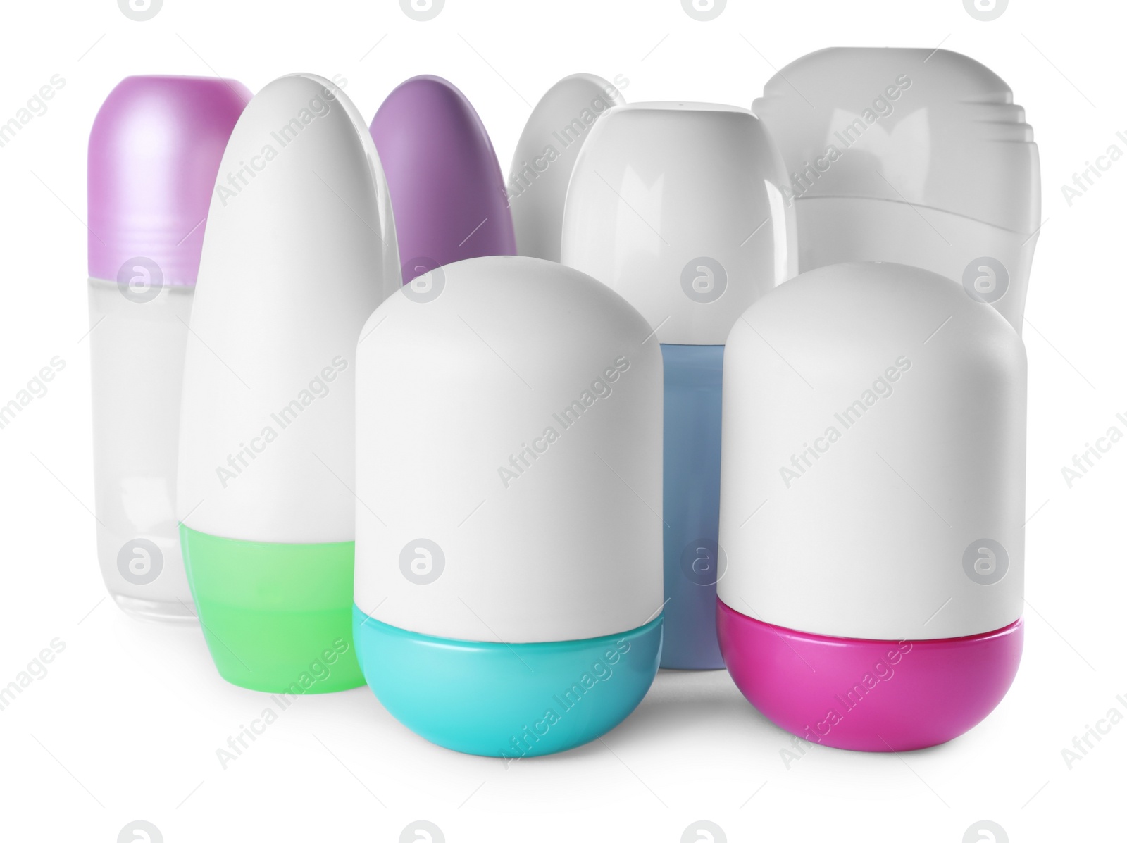 Photo of Different natural female deodorants on white background. Skin care