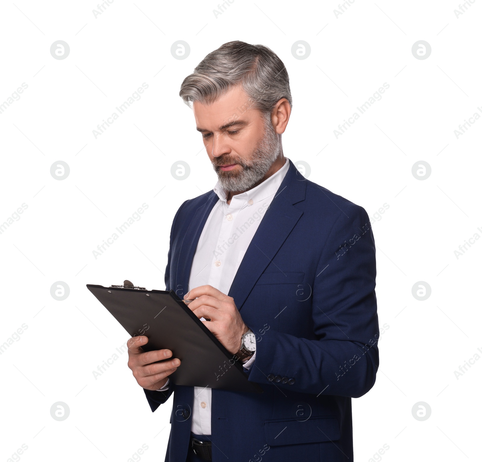 Photo of Portrait of serious man with clipboard on white background. Lawyer, businessman, accountant or manager