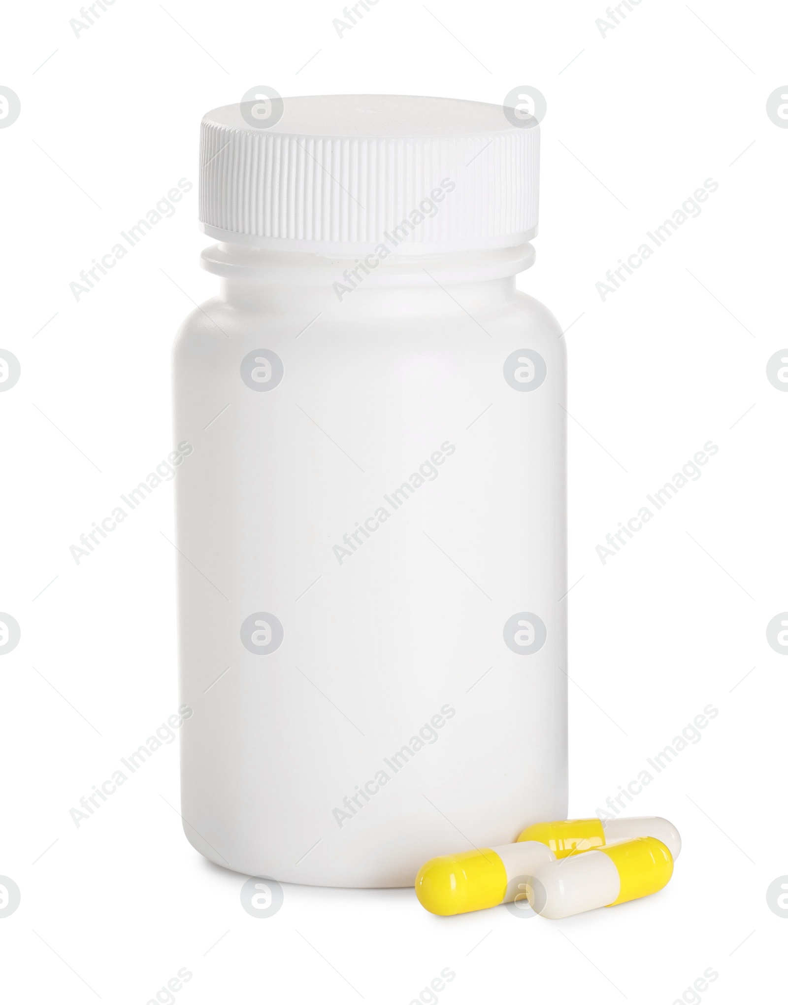 Photo of Antibiotic pills and bottle isolated on white