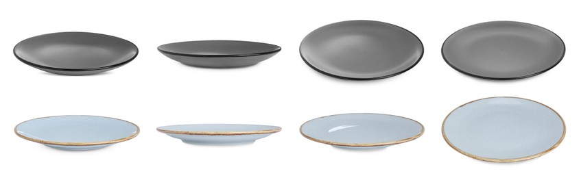 Image of Collage of different ceramic plates on white background