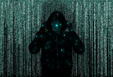 Silhouette of anonymous hacker and digital binary code on dark background. Cyber attack concept