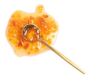 Photo of Spoon with delicious apple jam on white background, top view