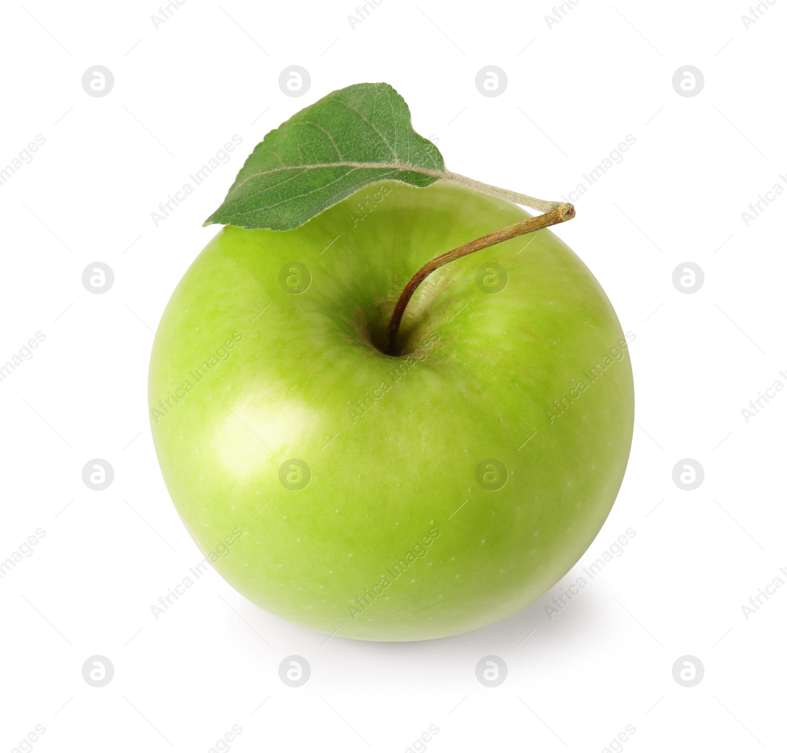 Photo of One ripe green apple with leaf isolated on white