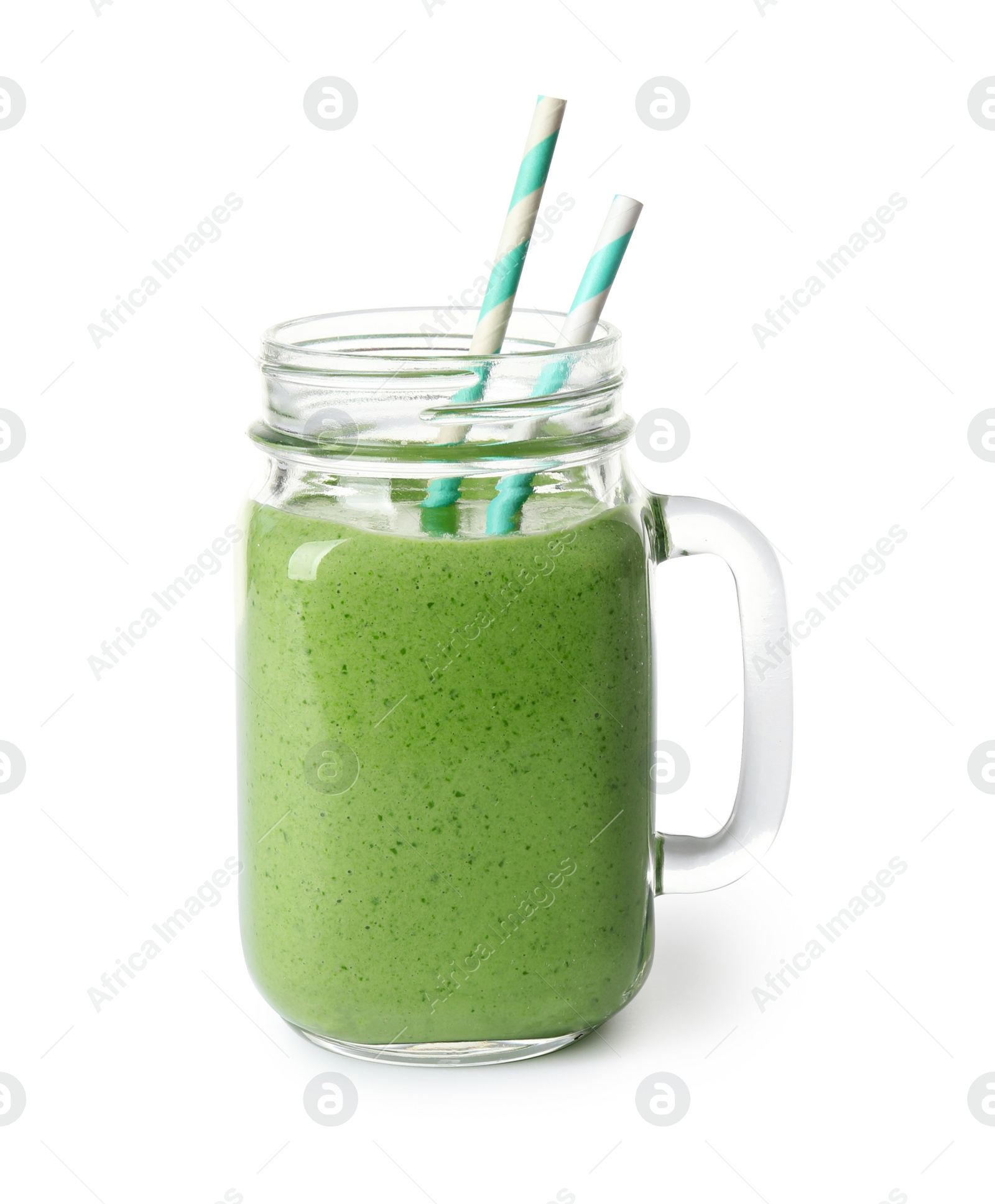 Photo of Mason jar of healthy green smoothie with fresh spinach on white background