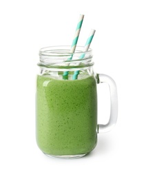 Photo of Mason jar of healthy green smoothie with fresh spinach on white background