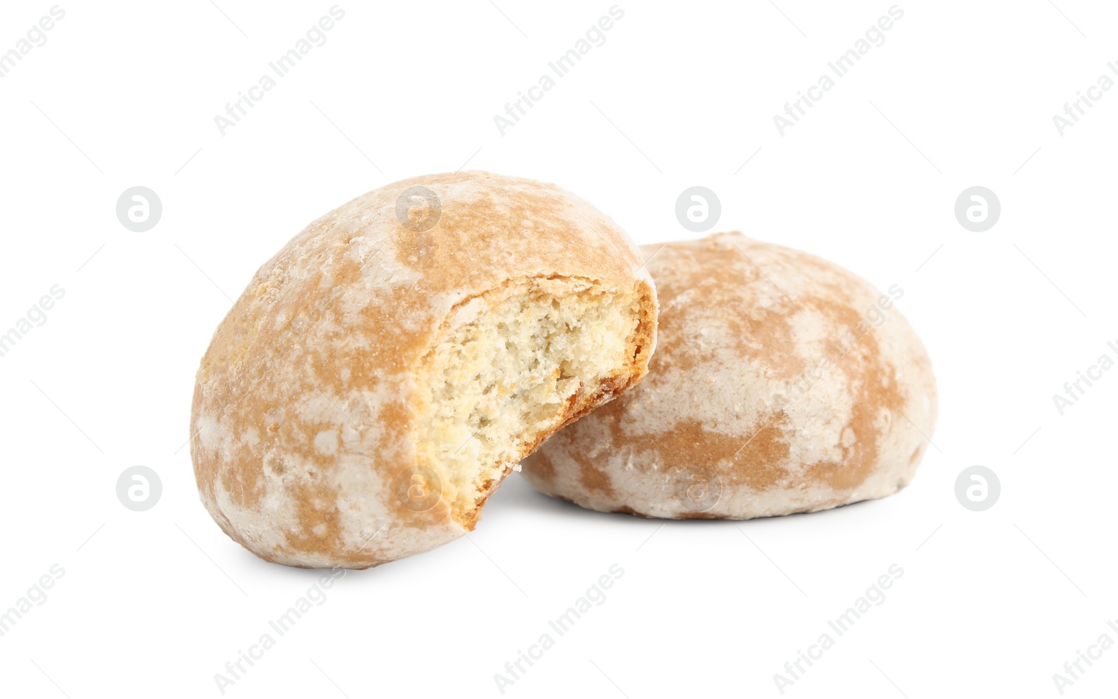 Photo of Tasty bitten and whole gingerbread cookies on white background