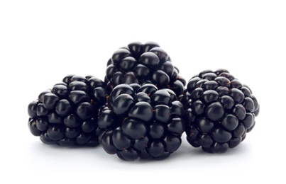 Photo of Fresh ripe juicy blackberries on white background