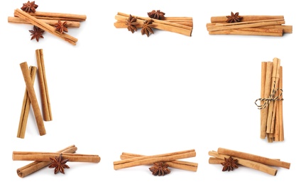 Image of Set with aromatic cinnamon sticks on white background 