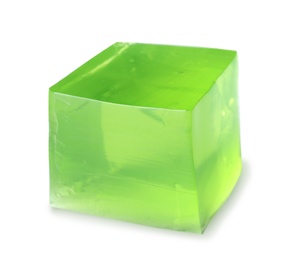 Delicious green jelly cube on white background