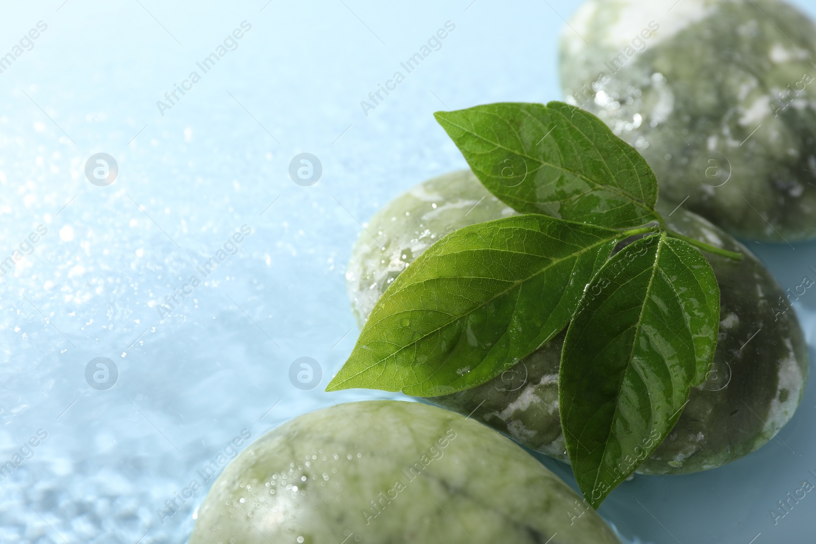 Photo of Spa stones and green leaves in water on light blue background, closeup. Space for text