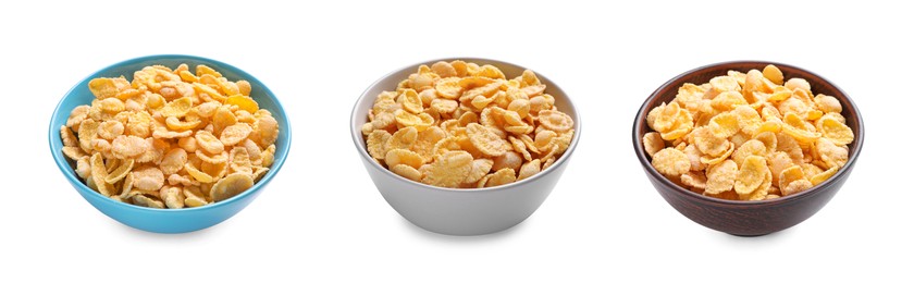 Collage with tasty corn flakes in bowls on white background